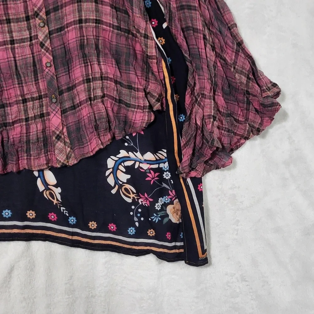 Aratta Shirt Womens Large Pink Plaid Bird Floral Boho Tunic Bell Sleeve Top - Picture 7 of 14